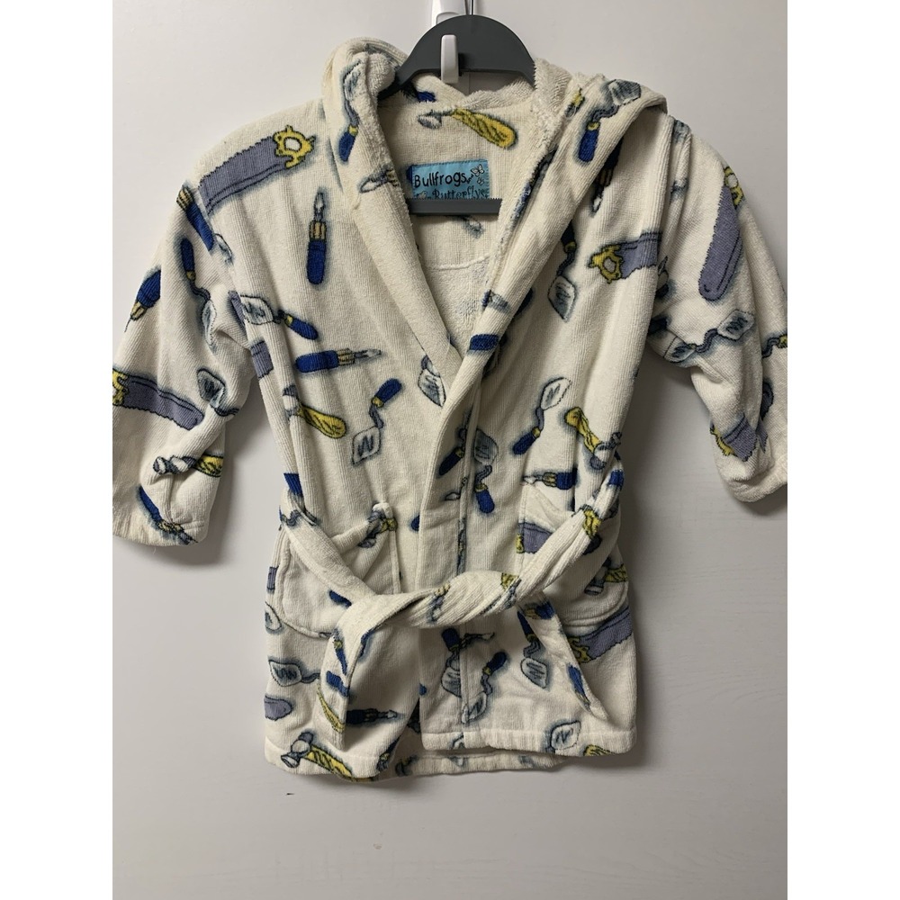 Bullfrogs & Butterflys Boys Tools Robe White Med Belt Pockets Hood Terry Cloth